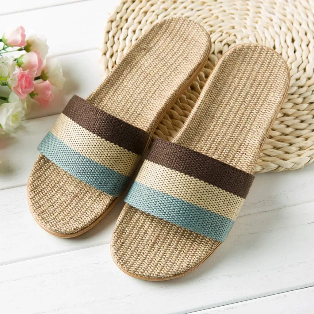 House Slippers for Women Open Toe Indoor Flat Shoes Travel Cotton Linen Slippers Slip Bedroom Silent Cozy Sandals