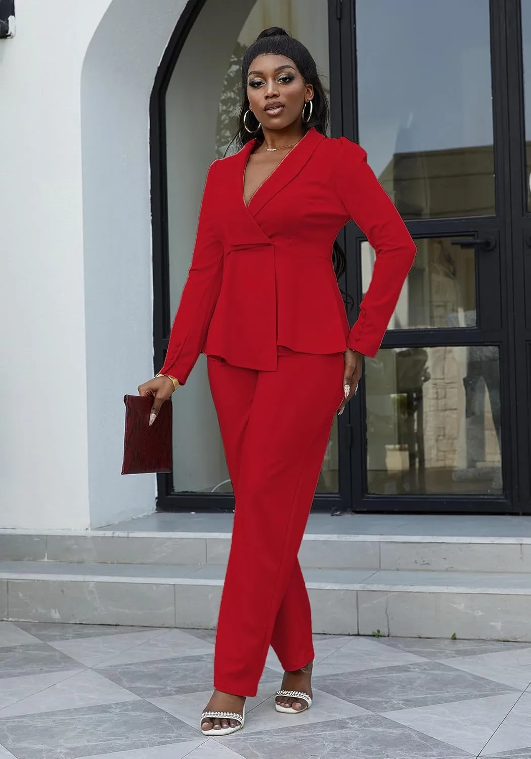 HuiSiFang Women's Pant Suits Dressy Business Casual Ruffle Blazer Pantsuits Sets 2 Piece Work Outfits