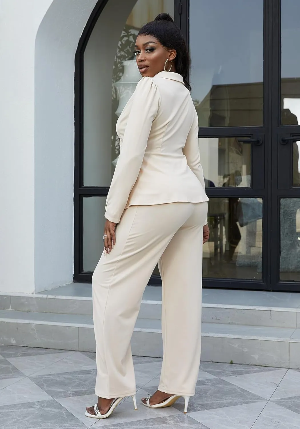 HuiSiFang Women's Pant Suits Dressy Business Casual Ruffle Blazer Pantsuits Sets 2 Piece Work Outfits