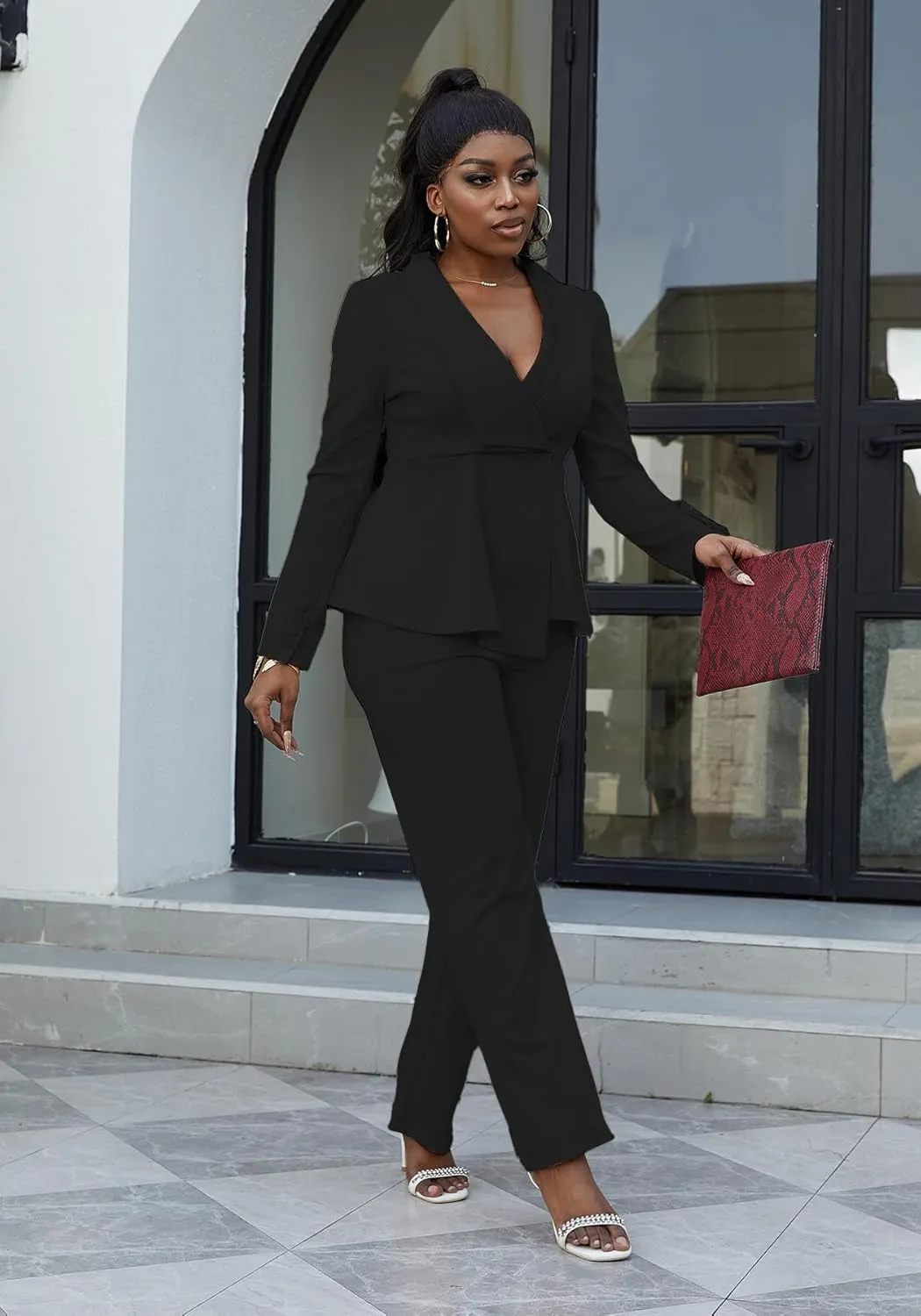 HuiSiFang Women's Pant Suits Dressy Business Casual Ruffle Blazer Pantsuits Sets 2 Piece Work Outfits