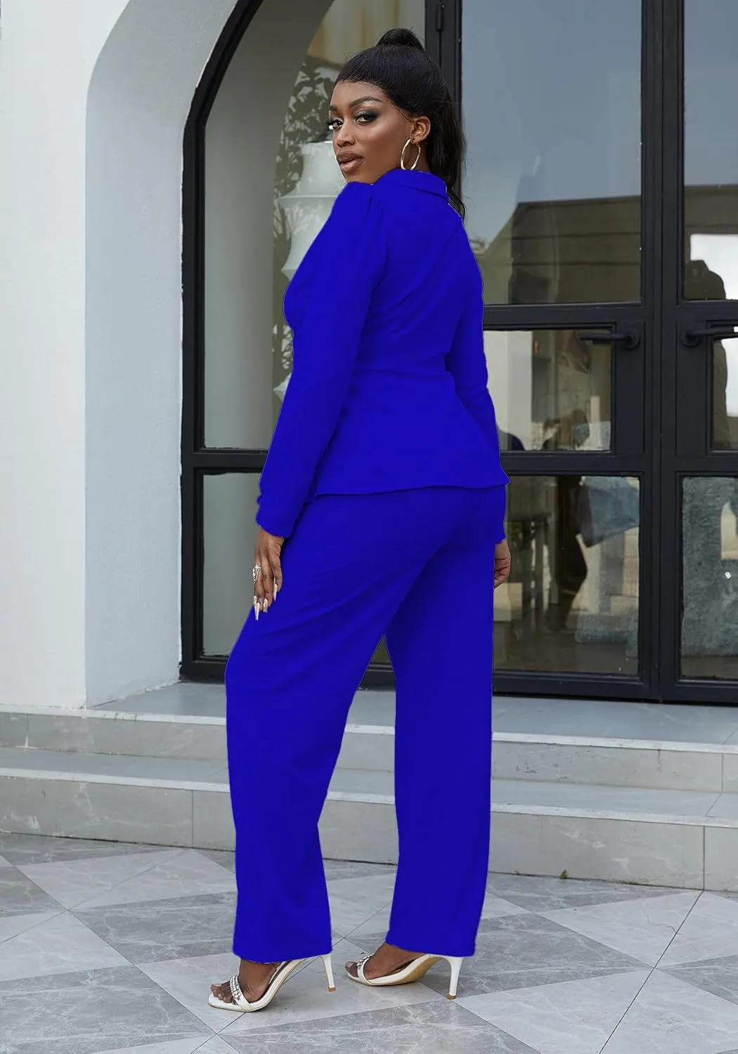 HuiSiFang Women's Pant Suits Dressy Business Casual Ruffle Blazer Pantsuits Sets 2 Piece Work Outfits