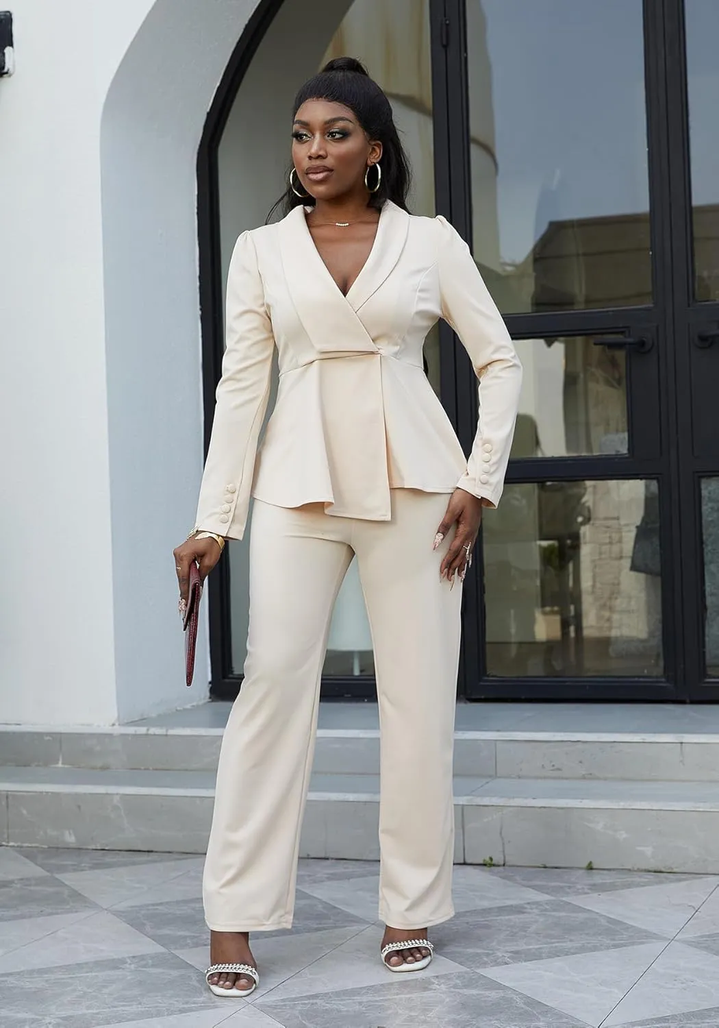 HuiSiFang Women's Pant Suits Dressy Business Casual Ruffle Blazer Pantsuits Sets 2 Piece Work Outfits