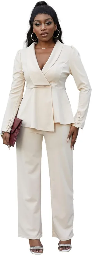 HuiSiFang Women's Pant Suits Dressy Business Casual Ruffle Blazer Pantsuits Sets 2 Piece Work Outfits