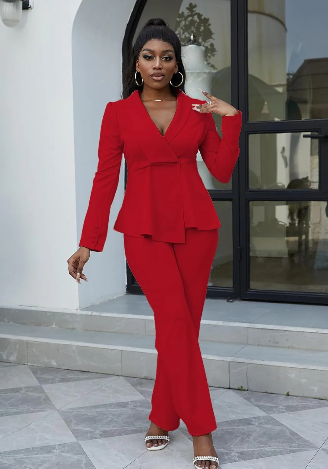 HuiSiFang Women's Pant Suits Dressy Business Casual Ruffle Blazer Pantsuits Sets 2 Piece Work Outfits