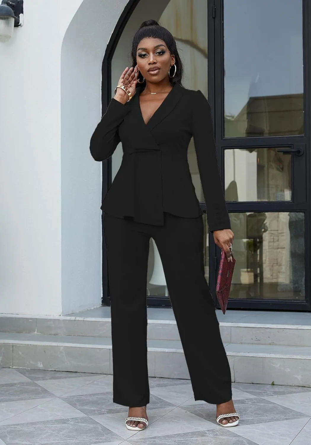 HuiSiFang Women's Pant Suits Dressy Business Casual Ruffle Blazer Pantsuits Sets 2 Piece Work Outfits