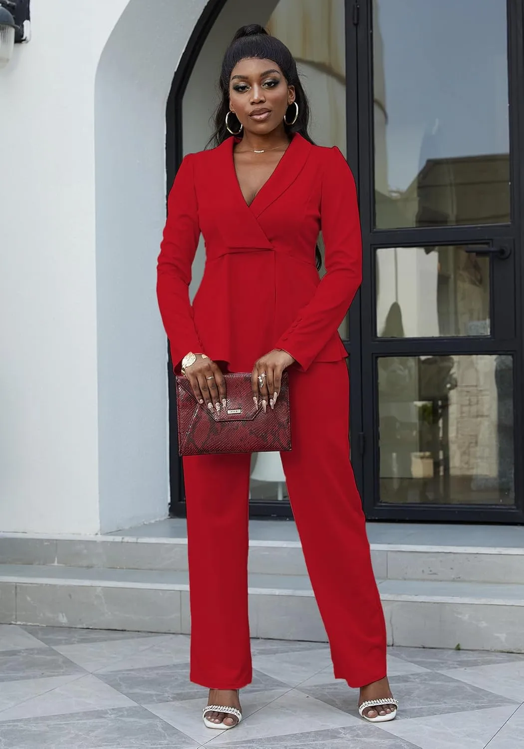 HuiSiFang Women's Pant Suits Dressy Business Casual Ruffle Blazer Pantsuits Sets 2 Piece Work Outfits