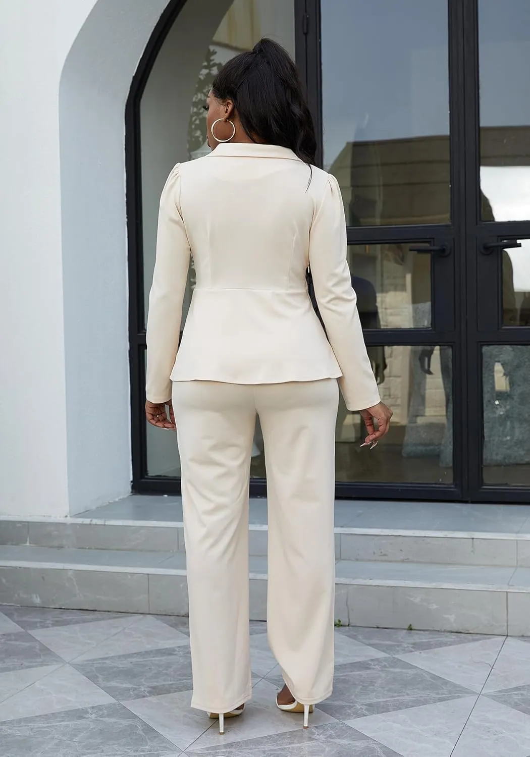 HuiSiFang Women's Pant Suits Dressy Business Casual Ruffle Blazer Pantsuits Sets 2 Piece Work Outfits