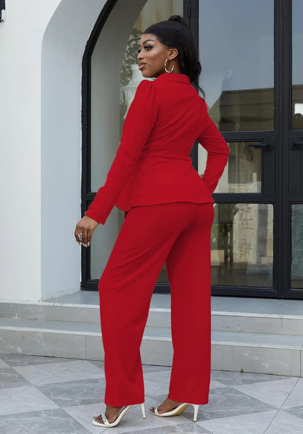 HuiSiFang Women's Pant Suits Dressy Business Casual Ruffle Blazer Pantsuits Sets 2 Piece Work Outfits