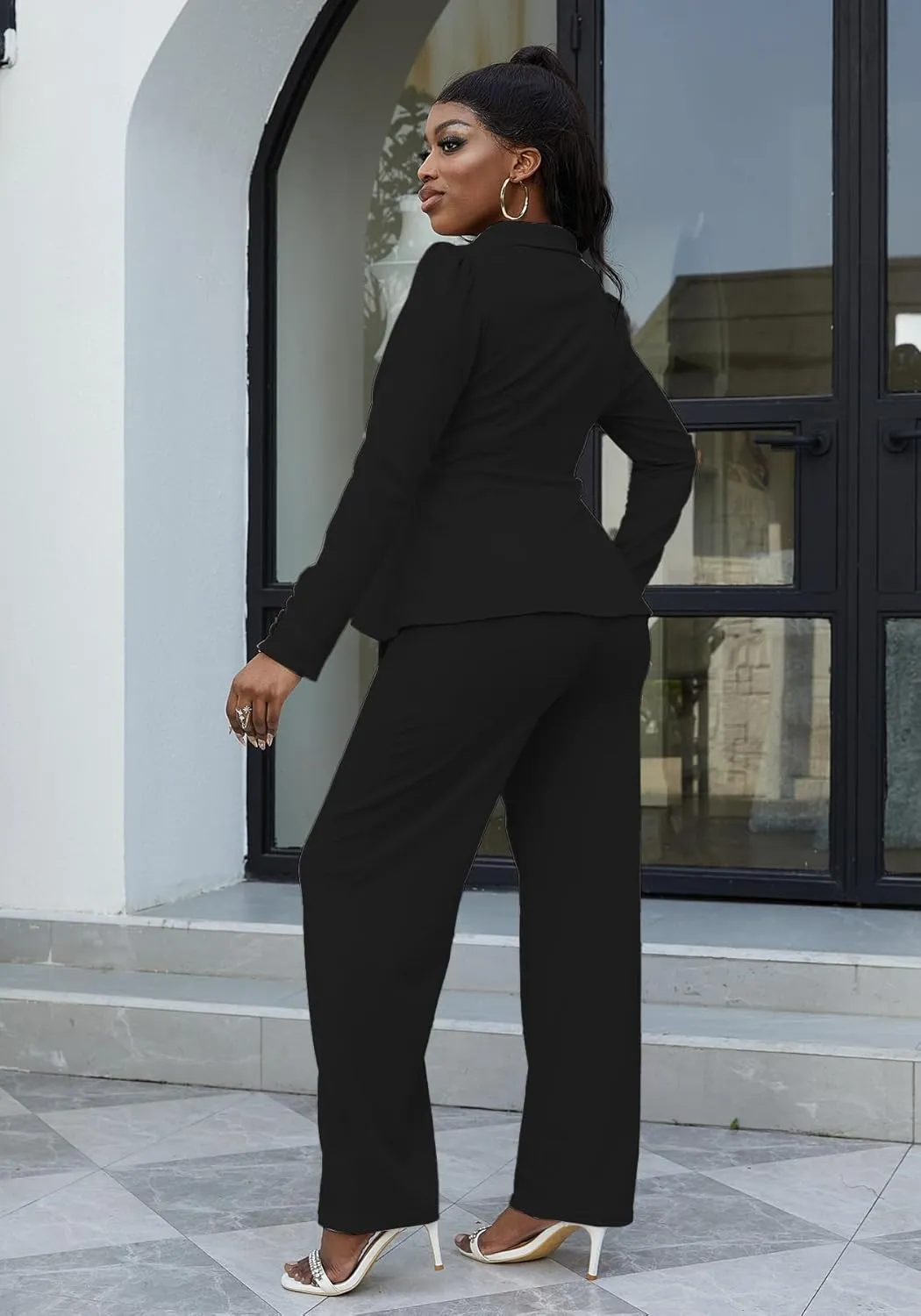 HuiSiFang Women's Pant Suits Dressy Business Casual Ruffle Blazer Pantsuits Sets 2 Piece Work Outfits
