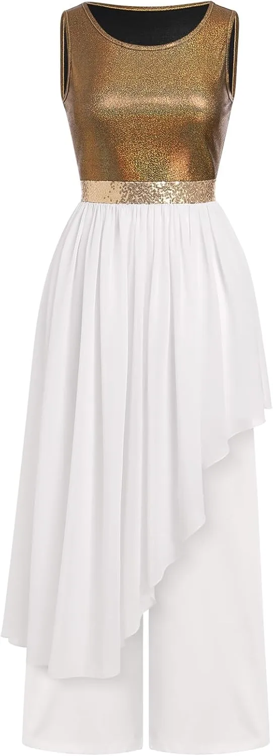 IBAKOM Praise Dance Dress Women Worship Overlay and Tunic Baggy Pant Metallic Lyrical Dance Costume Liturgical Dancewear