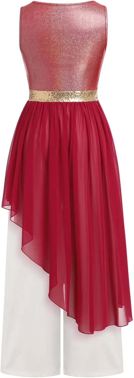 IBAKOM Praise Dance Dress Women Worship Overlay and Tunic Baggy Pant Metallic Lyrical Dance Costume Liturgical Dancewear