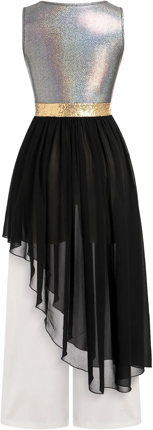 IBAKOM Praise Dance Dress Women Worship Overlay and Tunic Baggy Pant Metallic Lyrical Dance Costume Liturgical Dancewear