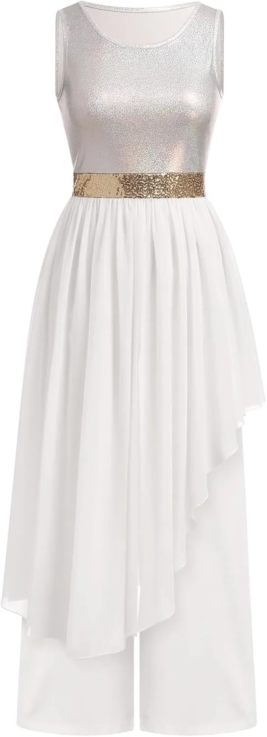 IBAKOM Praise Dance Dress Women Worship Overlay and Tunic Baggy Pant Metallic Lyrical Dance Costume Liturgical Dancewear