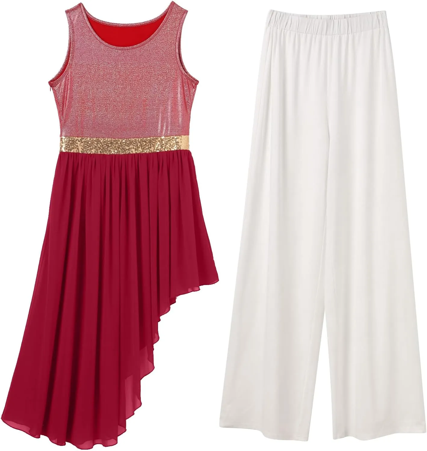 IBAKOM Praise Dance Dress Women Worship Overlay and Tunic Baggy Pant Metallic Lyrical Dance Costume Liturgical Dancewear