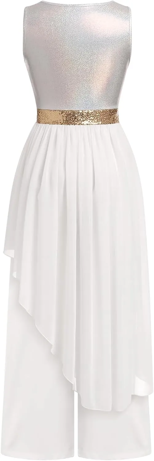 IBAKOM Praise Dance Dress Women Worship Overlay and Tunic Baggy Pant Metallic Lyrical Dance Costume Liturgical Dancewear