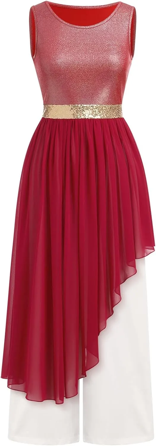 IBAKOM Praise Dance Dress Women Worship Overlay and Tunic Baggy Pant Metallic Lyrical Dance Costume Liturgical Dancewear