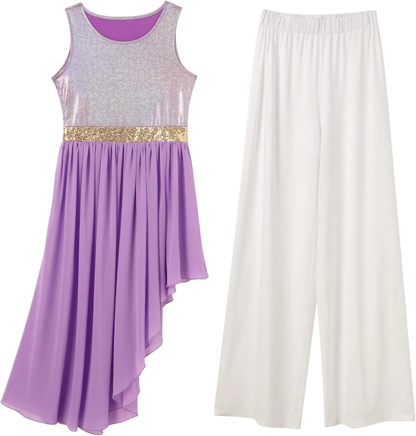 IBAKOM Praise Dance Dress Women Worship Overlay and Tunic Baggy Pant Metallic Lyrical Dance Costume Liturgical Dancewear