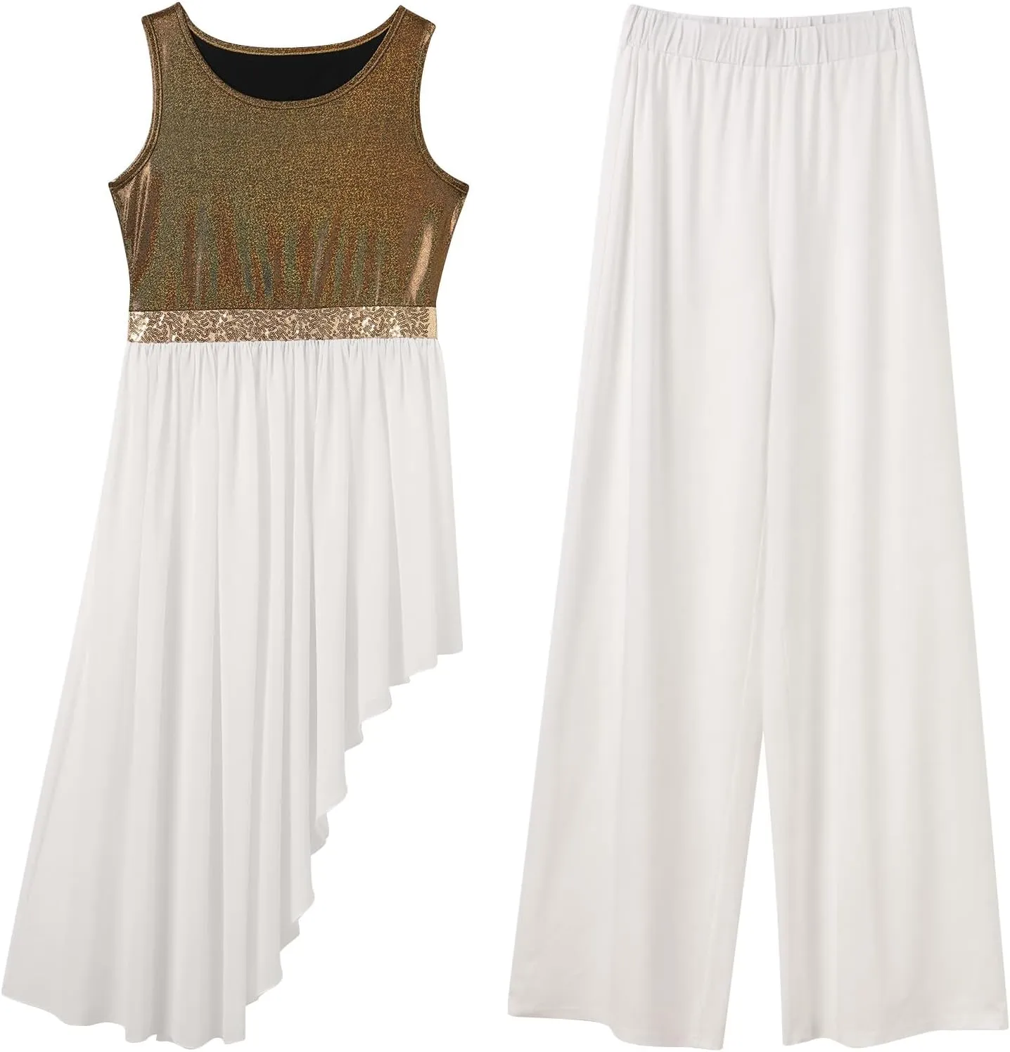 IBAKOM Praise Dance Dress Women Worship Overlay and Tunic Baggy Pant Metallic Lyrical Dance Costume Liturgical Dancewear