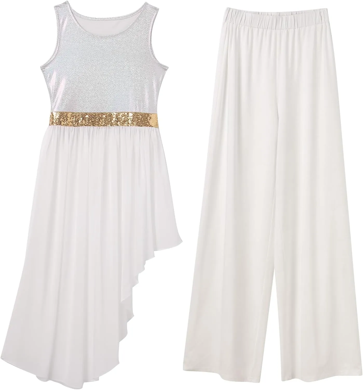 IBAKOM Praise Dance Dress Women Worship Overlay and Tunic Baggy Pant Metallic Lyrical Dance Costume Liturgical Dancewear