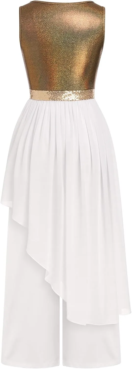 IBAKOM Praise Dance Dress Women Worship Overlay and Tunic Baggy Pant Metallic Lyrical Dance Costume Liturgical Dancewear