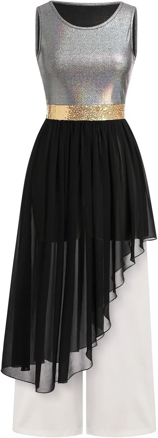 IBAKOM Praise Dance Dress Women Worship Overlay and Tunic Baggy Pant Metallic Lyrical Dance Costume Liturgical Dancewear