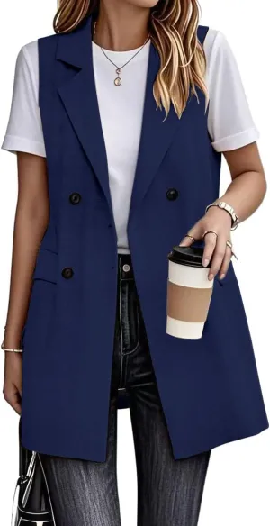 IDEALSANXUN Womens Long Linen Vest Dressy Sleeveless Blazer Jackets Outerwear Tops