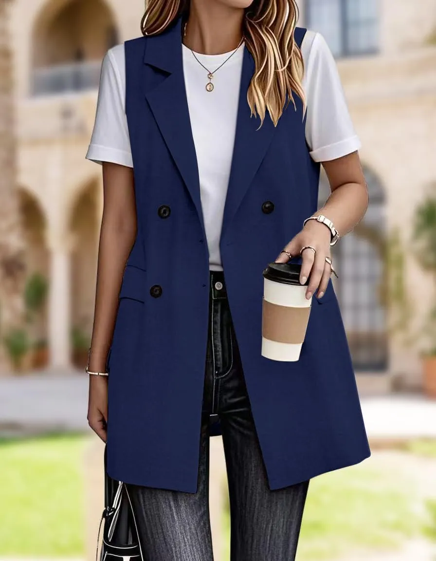IDEALSANXUN Womens Long Linen Vest Dressy Sleeveless Blazer Jackets Outerwear Tops