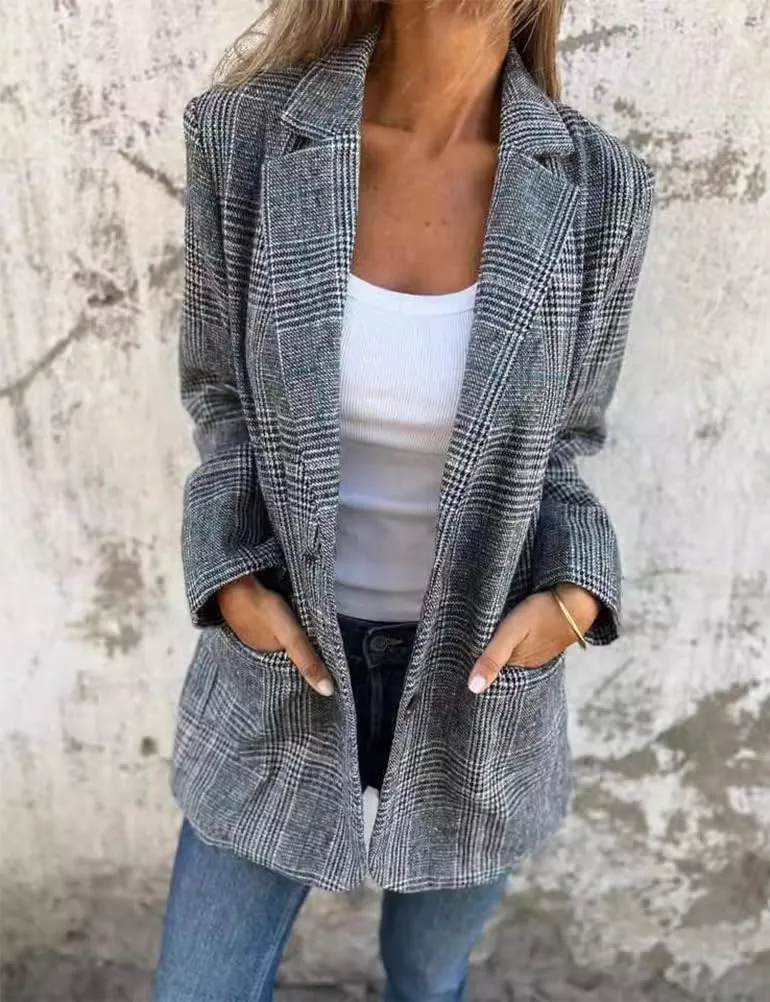 IDEALSANXUN Womens Tweed Blazer Casual Plaid Houndstooth Blazer Work Suit Jackets