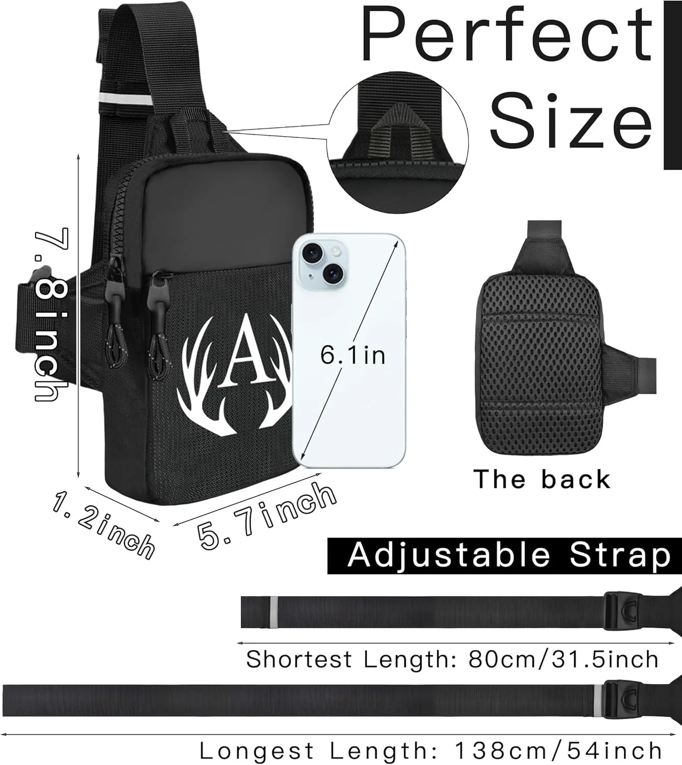 Initial Letter Small Crossbody Sling Bag for Men Women Double Pocket Chest Bag Trendy Water Resistant Fanny Pack Mini Phone Cross Body Bag for Travel Sports Workout Running (Black T)