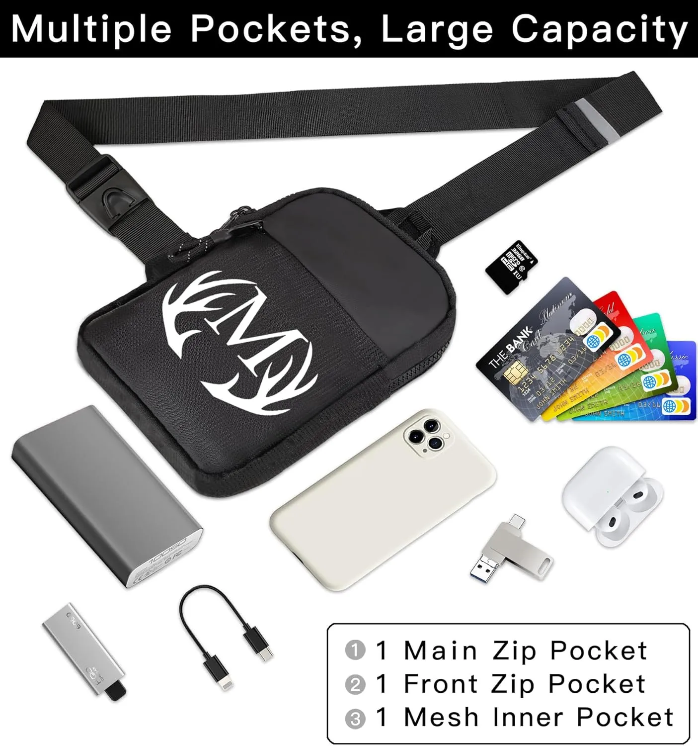 Initial Letter Small Crossbody Sling Bag for Men Women Double Pocket Chest Bag Trendy Water Resistant Fanny Pack Mini Phone Cross Body Bag for Travel Sports Workout Running (Black T)