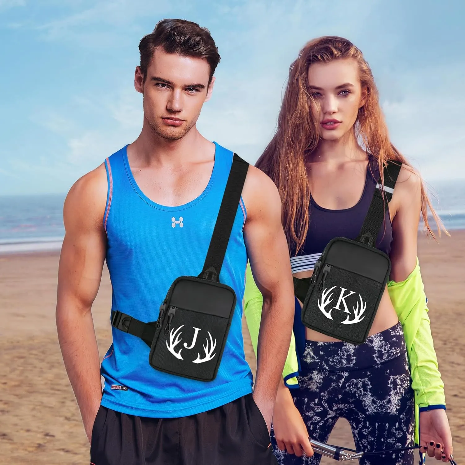 Initial Letter Small Crossbody Sling Bag for Men Women Double Pocket Chest Bag Trendy Water Resistant Fanny Pack Mini Phone Cross Body Bag for Travel Sports Workout Running (Black T)