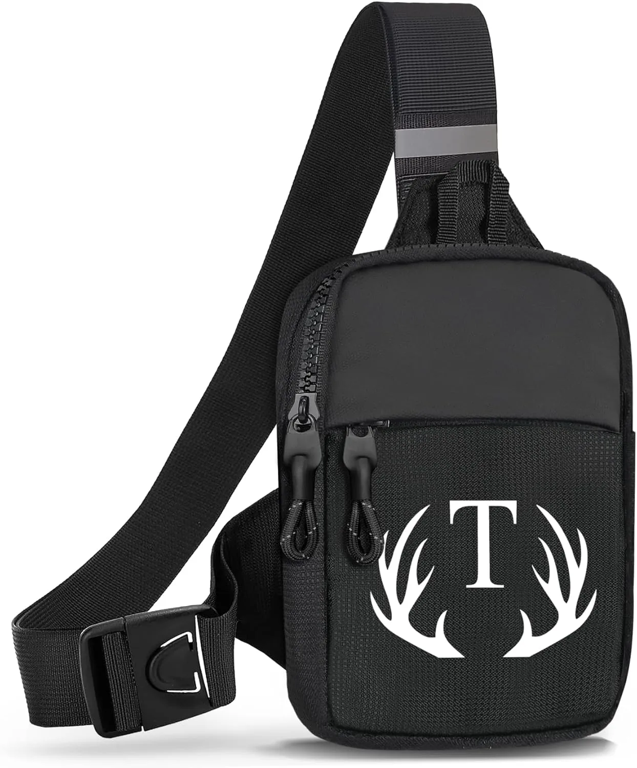 Initial Letter Small Crossbody Sling Bag for Men Women Double Pocket Chest Bag Trendy Water Resistant Fanny Pack Mini Phone Cross Body Bag for Travel Sports Workout Running (Black T)
