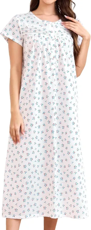 IZZY   TOBY Cotton Nightgowns for Women Long Lightweight Short Sleeves Ladies Soft Nightdress Pajamas