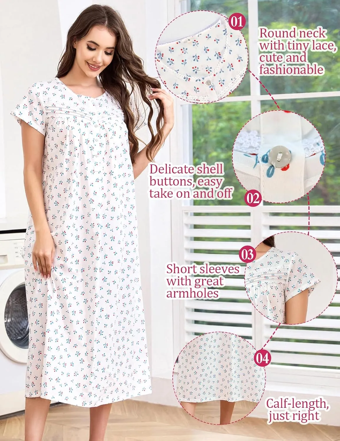 IZZY   TOBY Cotton Nightgowns for Women Long Lightweight Short Sleeves Ladies Soft Nightdress Pajamas