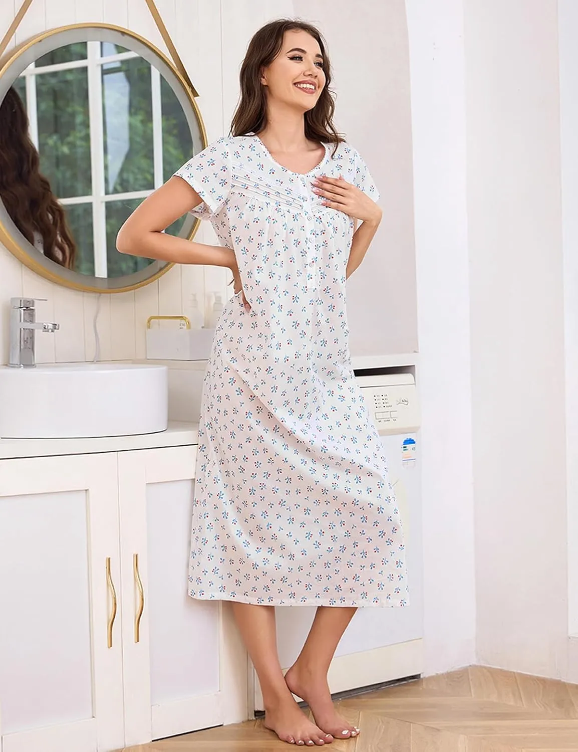 IZZY   TOBY Cotton Nightgowns for Women Long Lightweight Short Sleeves Ladies Soft Nightdress Pajamas