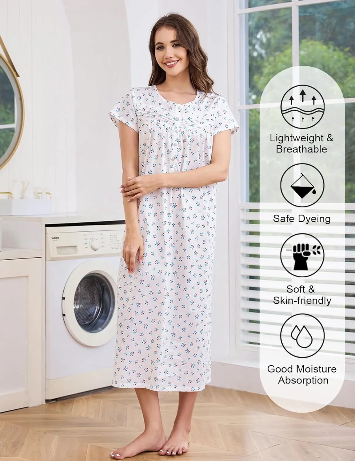 IZZY   TOBY Cotton Nightgowns for Women Long Lightweight Short Sleeves Ladies Soft Nightdress Pajamas