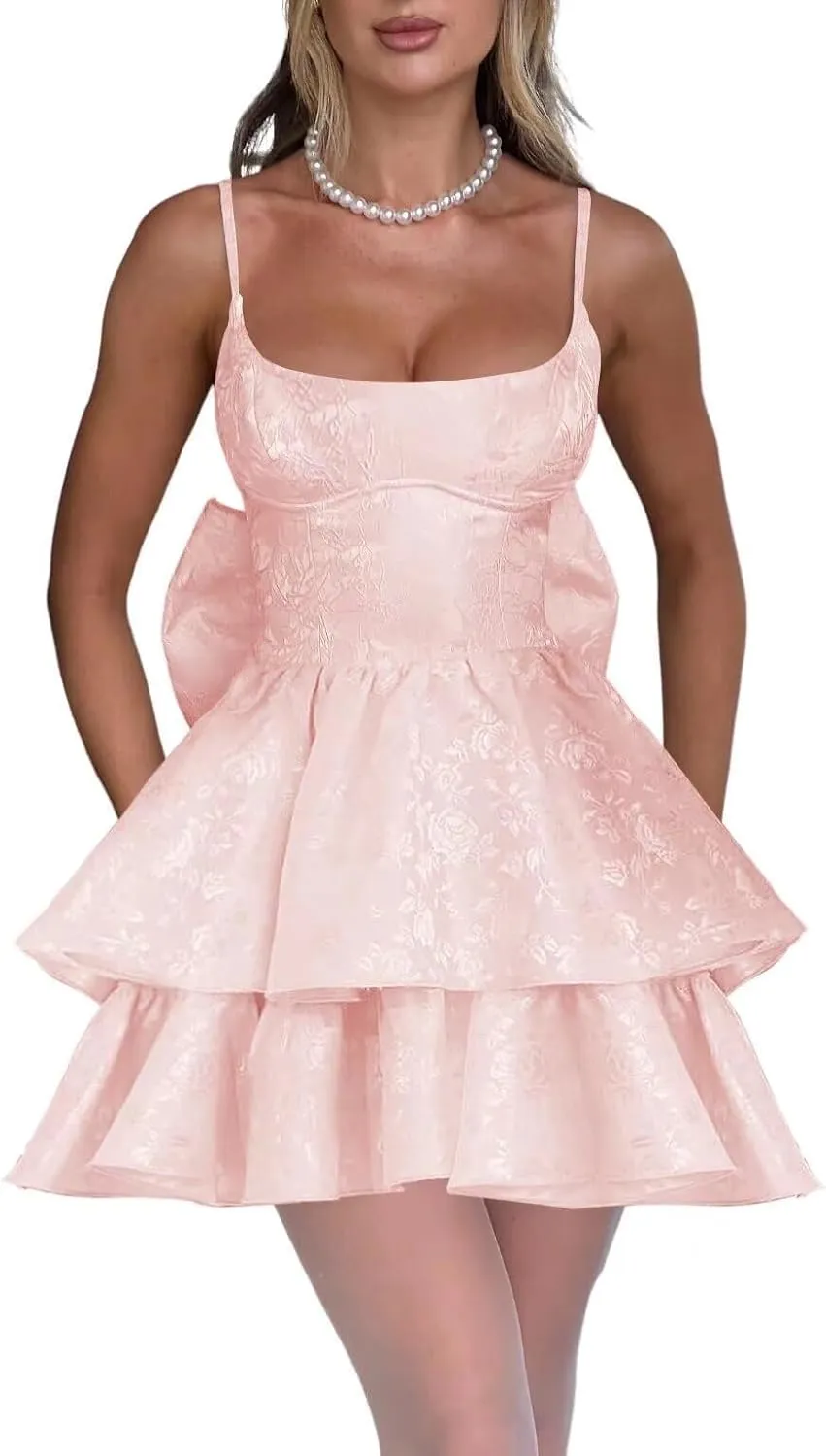 Jacquard Floral Satin Short Prom Dress 2025 Spaghetti Straps Puffy Mini Homeocming Dresses with Bow LAS46