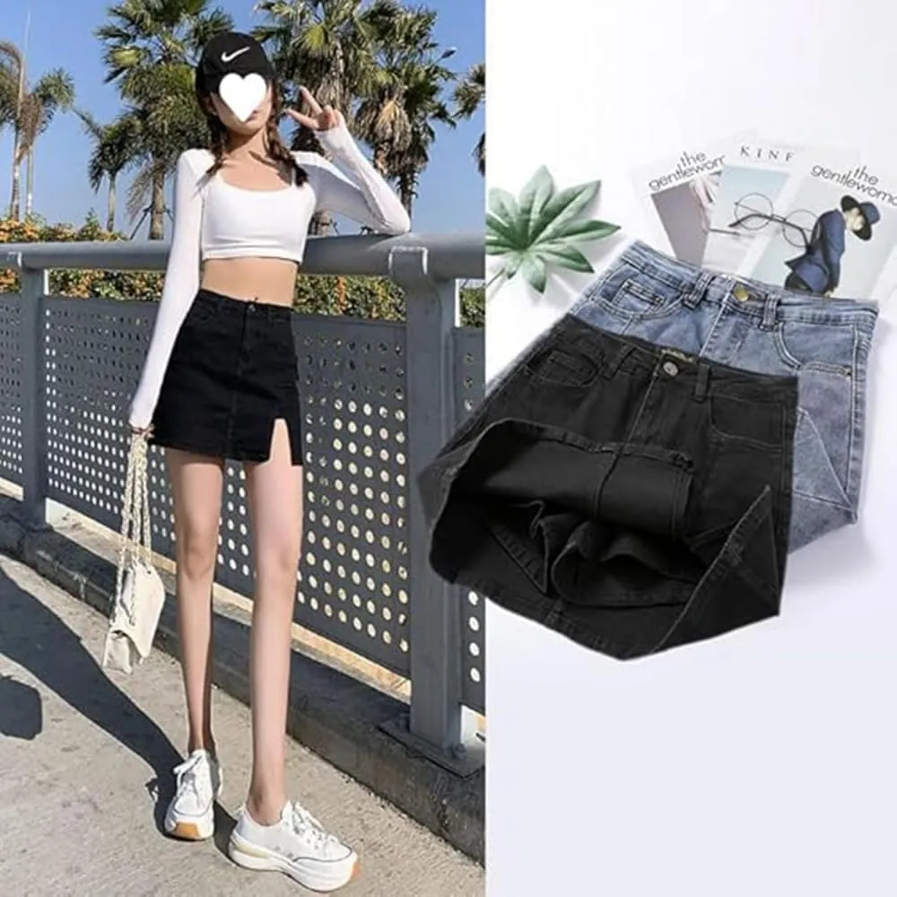 Jean Skirt for Women, High Waisted Casual Denim Stretch Skirt with Side Slits Mini Skirts, Built-in Shorts