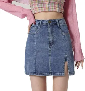 Jean Skirt for Women, High Waisted Casual Denim Stretch Skirt with Side Slits Mini Skirts, Built-in Shorts