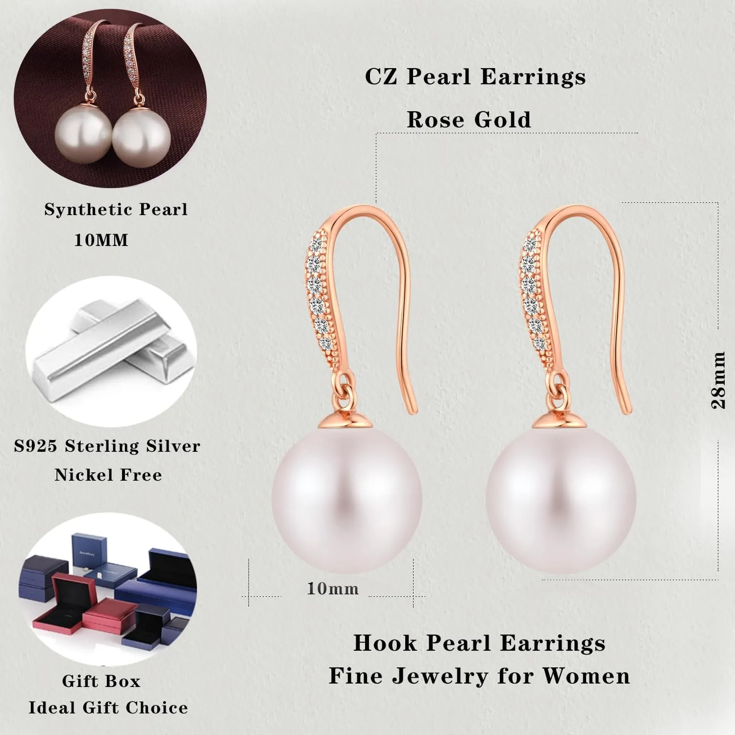 Jiamiaoi Pearl Earrings for Women 925 Sterling Silver Hook Earrings Dangle Drop Pearl Earrings Silver Drop Earrings for Women, Come with Gift Box