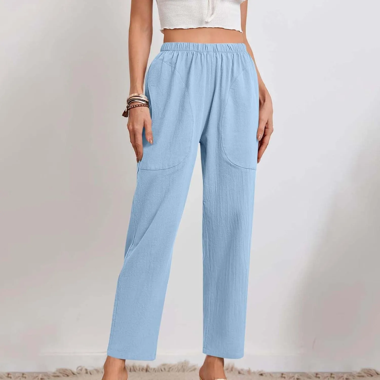 JOAU Women Cotton Linen Pants Casual Summer 2025 Straight Wide Leg Loose Comfy Elastic High Waist Beach Trouser with Pockets