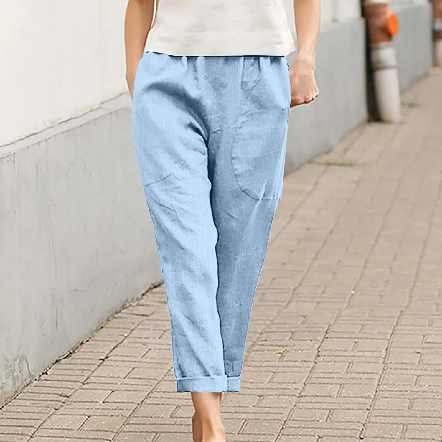 JOAU Women Cotton Linen Pants Casual Summer 2025 Straight Wide Leg Loose Comfy Elastic High Waist Beach Trouser with Pockets