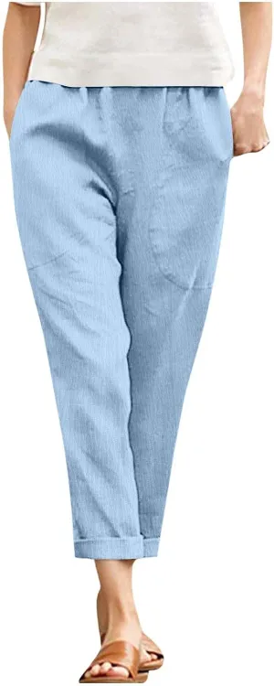 JOAU Women Cotton Linen Pants Casual Summer 2025 Straight Wide Leg Loose Comfy Elastic High Waist Beach Trouser with Pockets