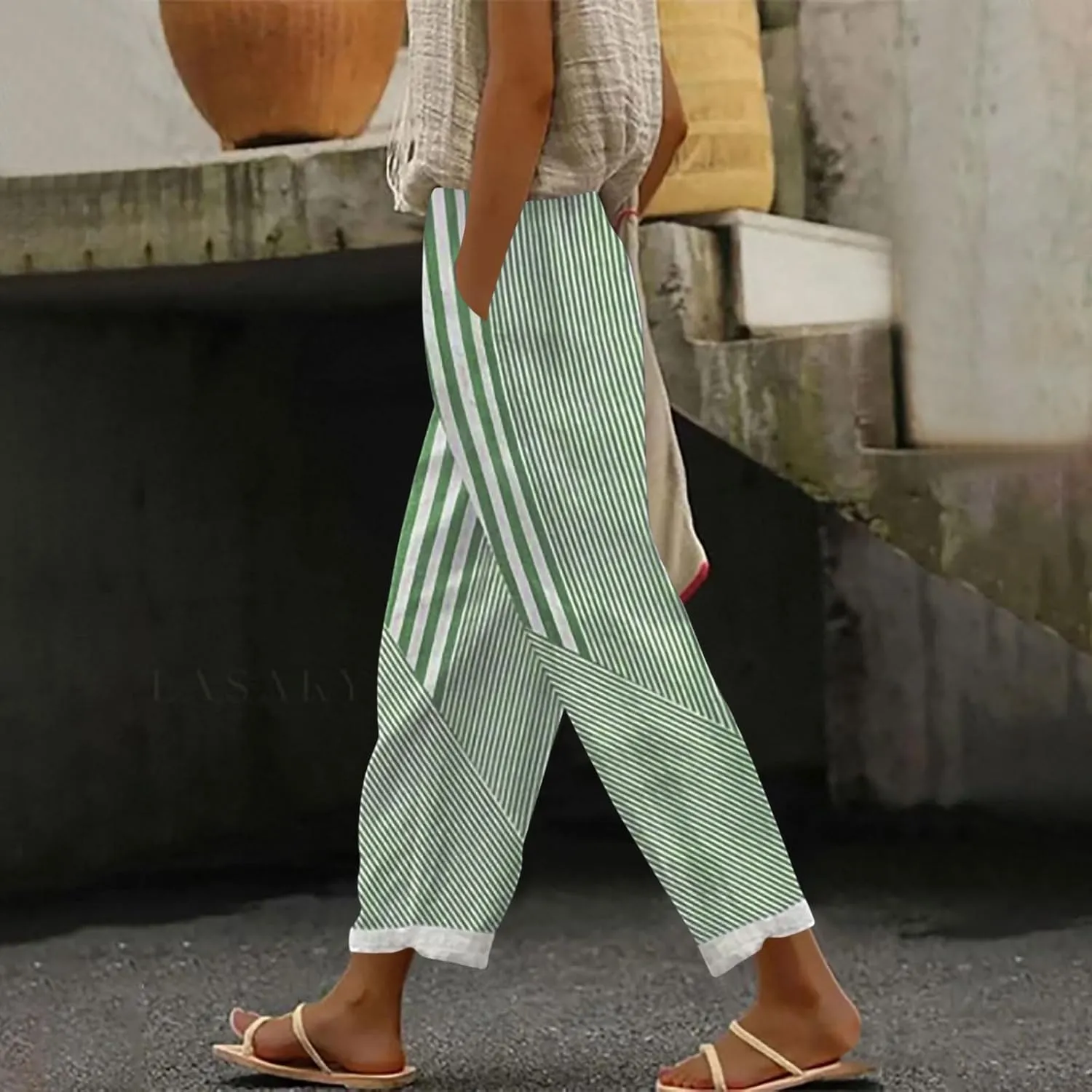 JOAU Women Linen Striped Pants Lightweight Summer Casual Loose Beach Elastic High Waist Straight Leg Trousers with Pockets