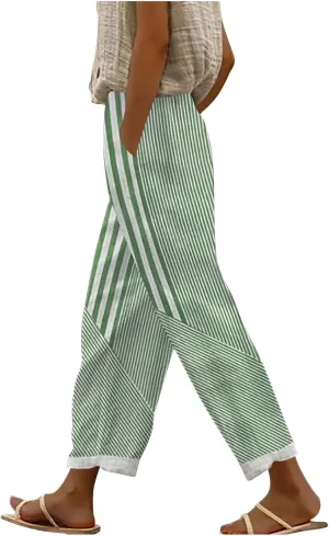 JOAU Women Linen Striped Pants Lightweight Summer Casual Loose Beach Elastic High Waist Straight Leg Trousers with Pockets