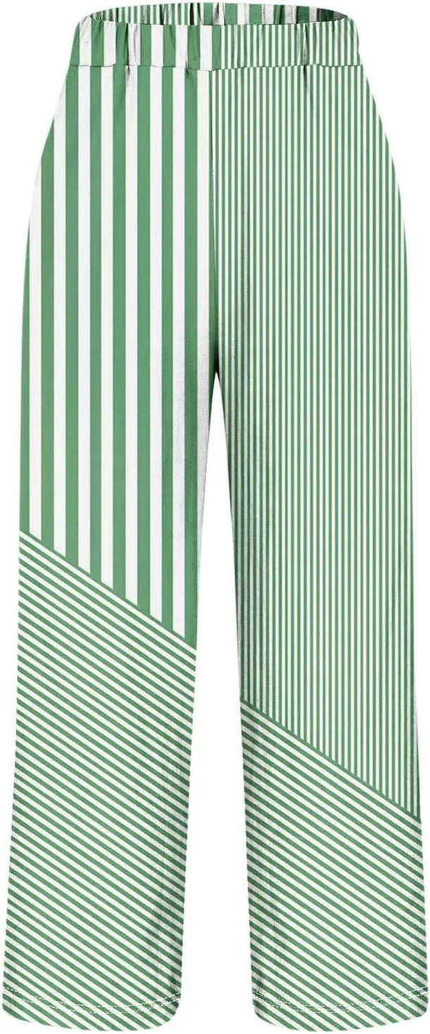 JOAU Women Linen Striped Pants Lightweight Summer Casual Loose Beach Elastic High Waist Straight Leg Trousers with Pockets