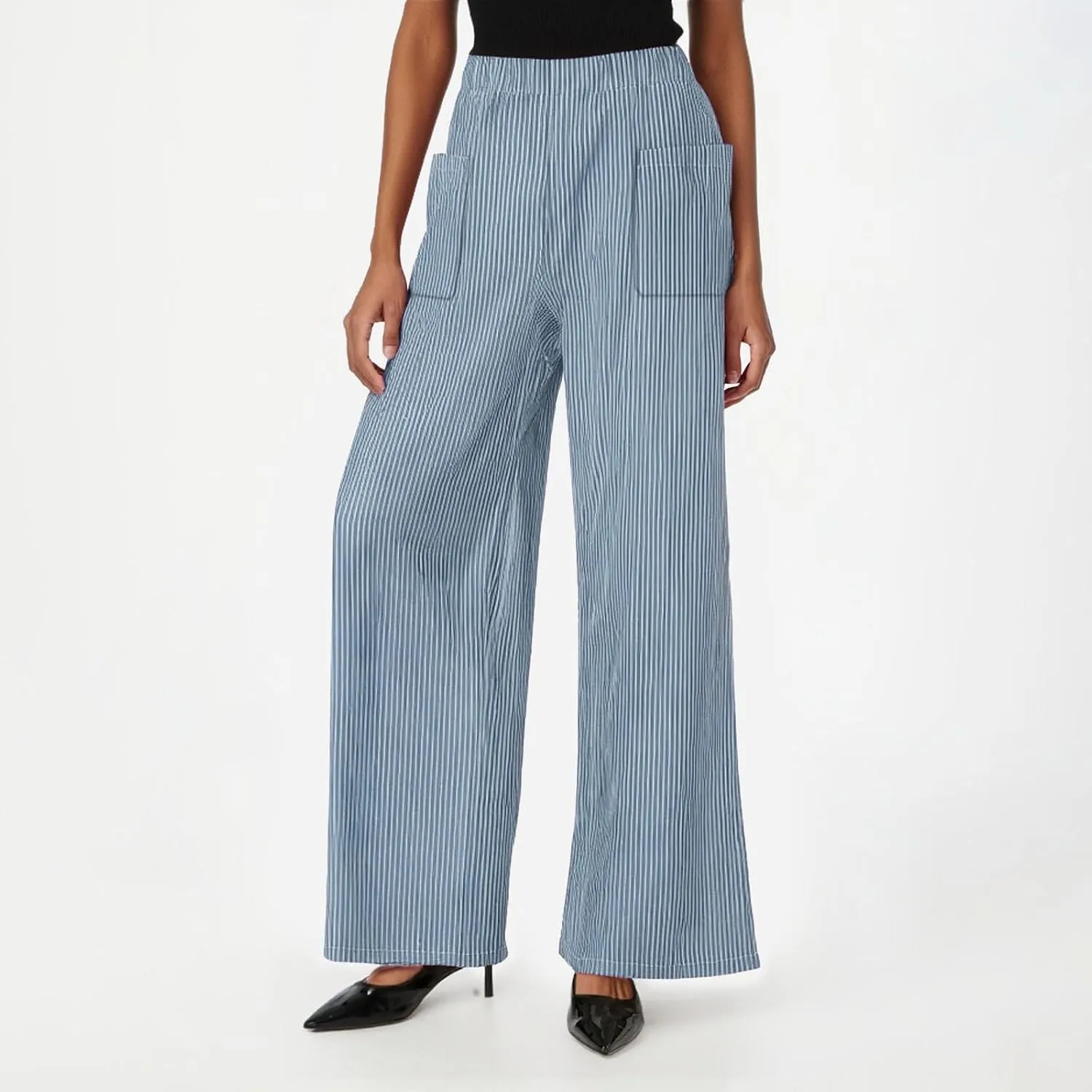 JOAU Women's Striped Print Elastic High Waist Wide Leg Pants Summer Casual Loose Palazzo Beach Trousers with Front Pockets