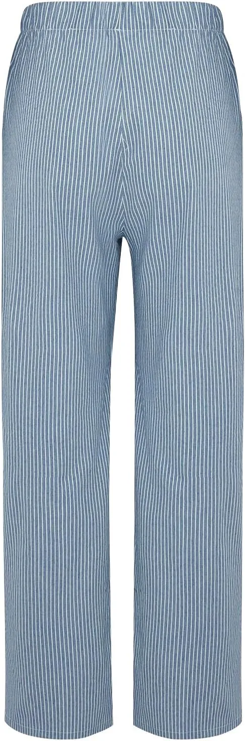 JOAU Women's Striped Print Elastic High Waist Wide Leg Pants Summer Casual Loose Palazzo Beach Trousers with Front Pockets