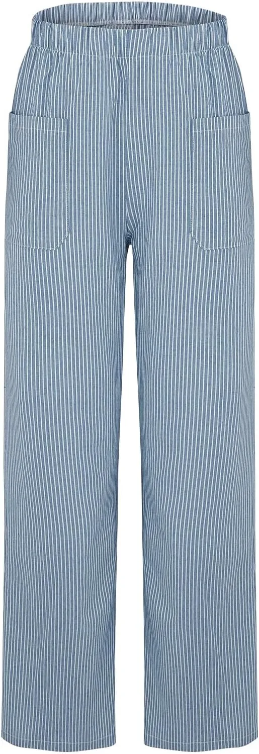 JOAU Women's Striped Print Elastic High Waist Wide Leg Pants Summer Casual Loose Palazzo Beach Trousers with Front Pockets