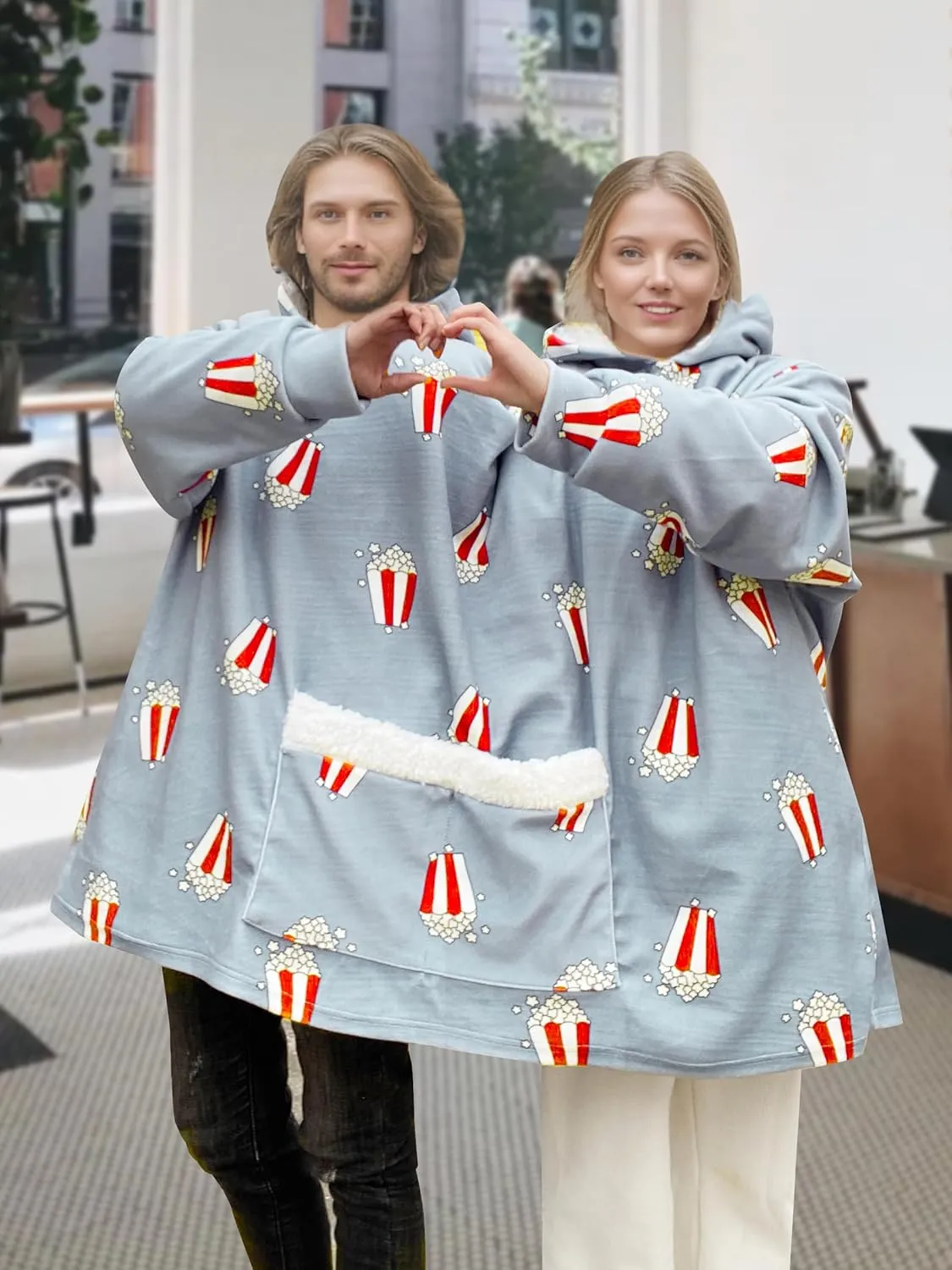 Jongdari Couples Hoodies Pajamas, Oversized Two Person Hoodie Couple Sweaters Funny Popcorn Matching Hoodies
